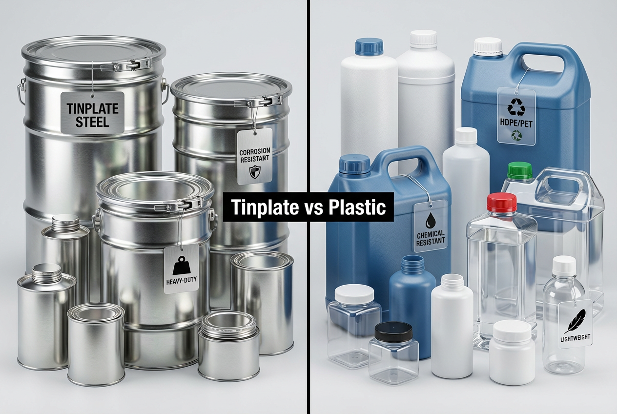 Tinplate vs Plastic Chemical Packaging A tinplate can and a plastic jug side-by-side for comparison