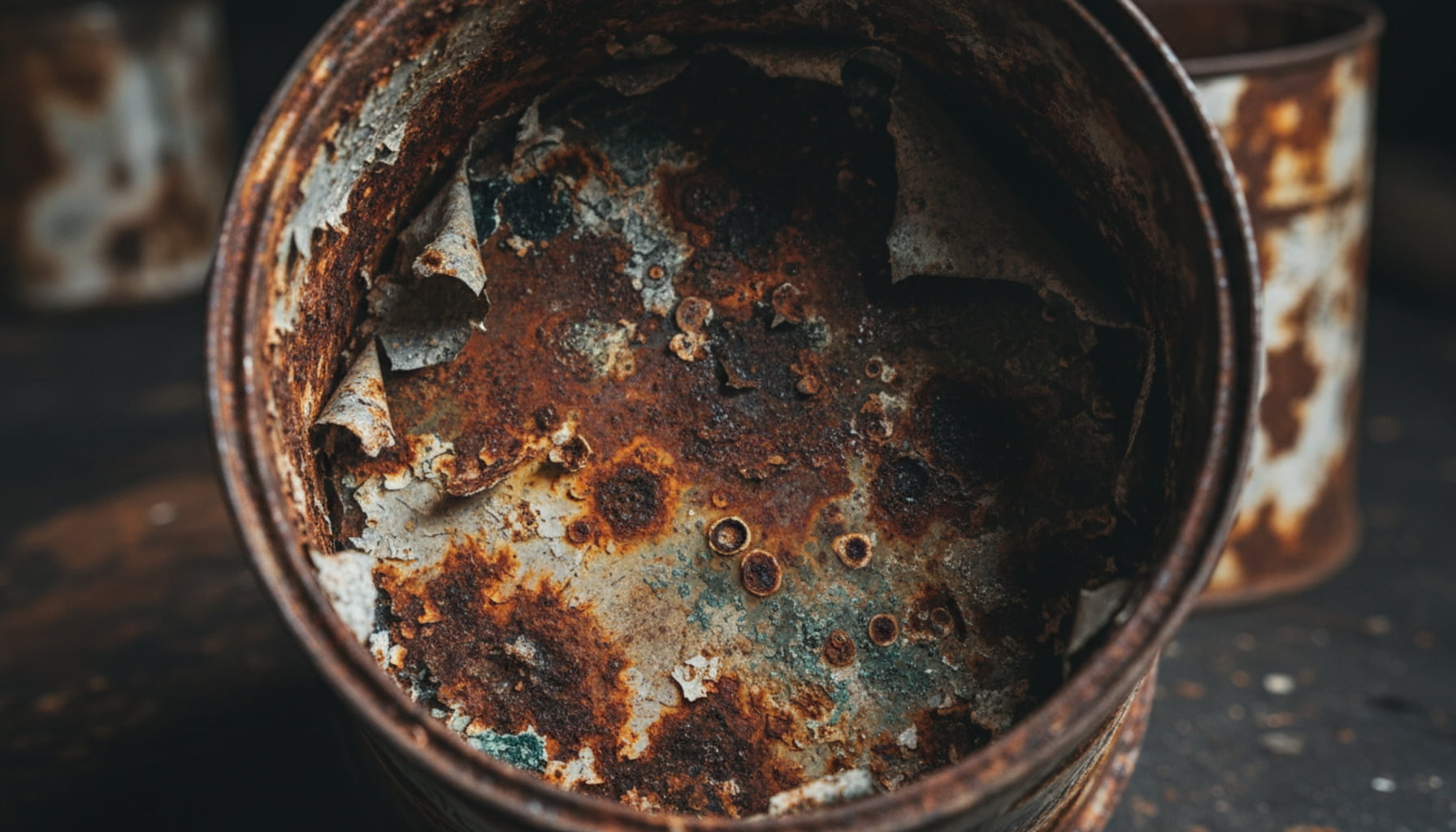A rusty and corroded metal can interior