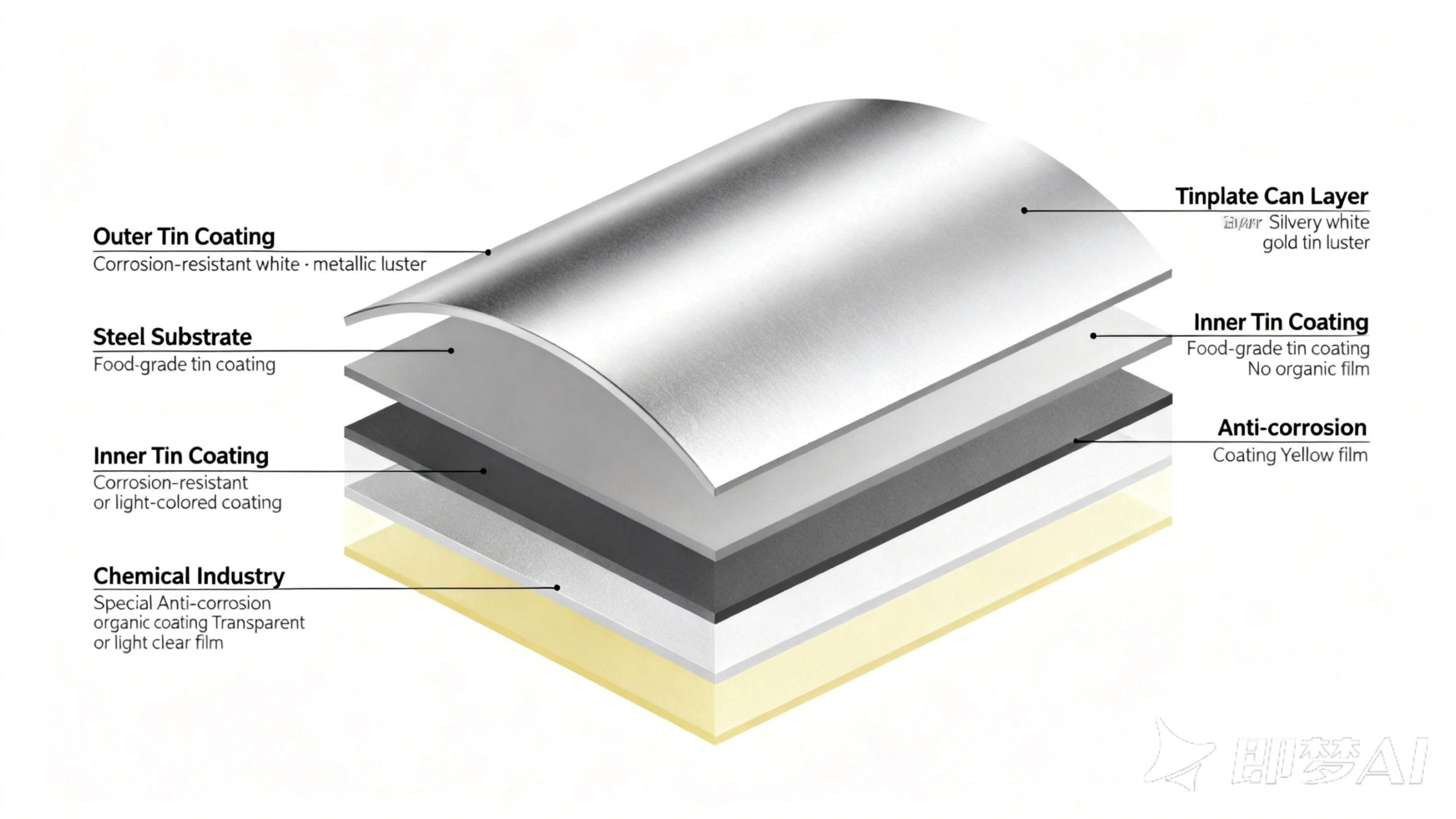 A cross-section view showing the layers of tinplate steel