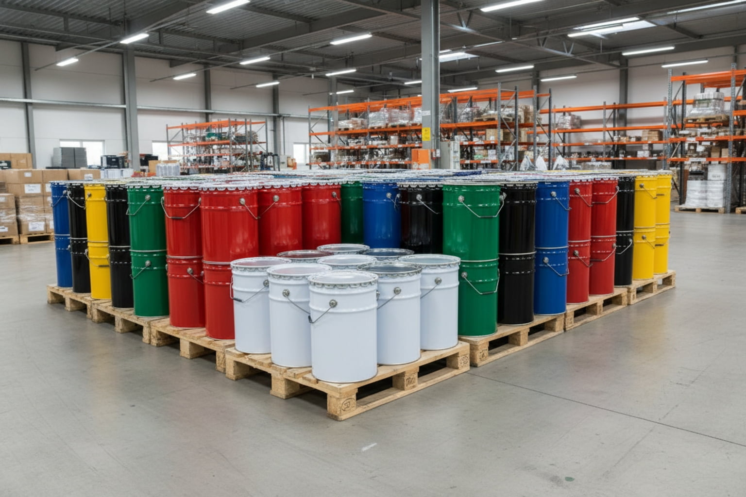 A pallet of stacked tinplate cans in a warehouse
