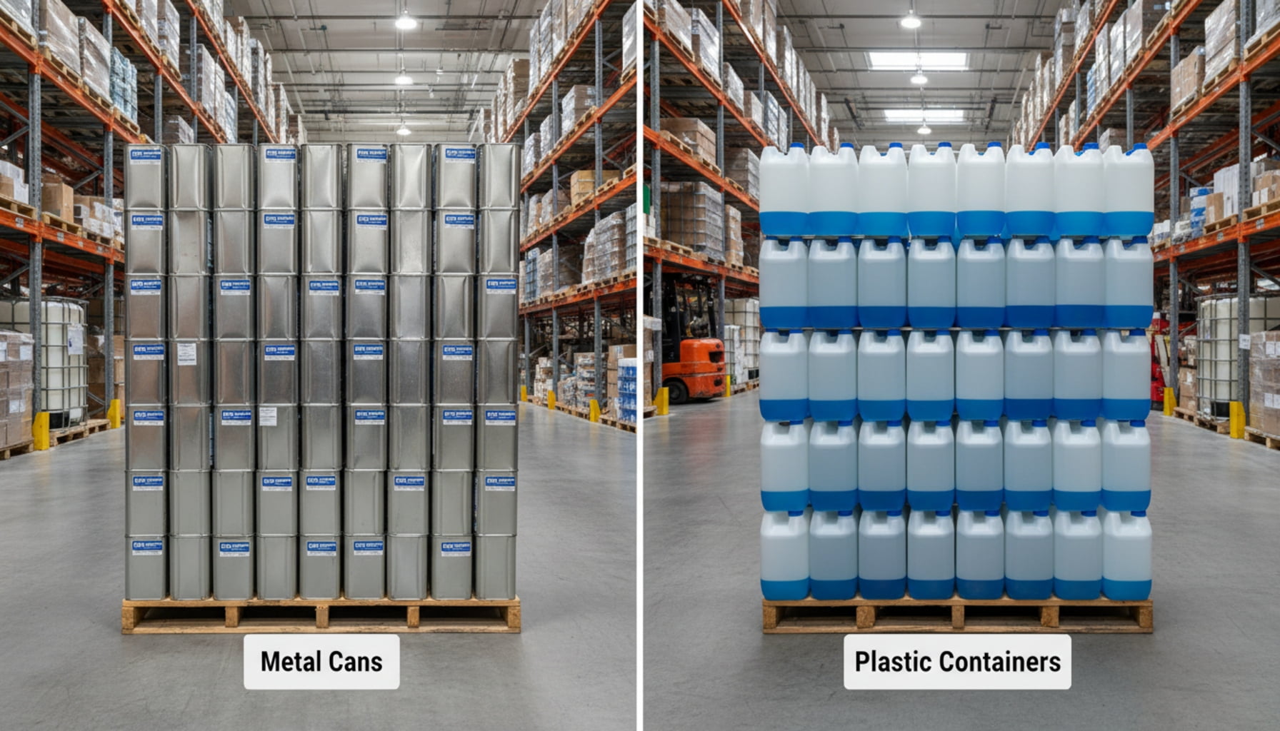 A stacked pallet of metal cans compared to a pallet of plastic jugs