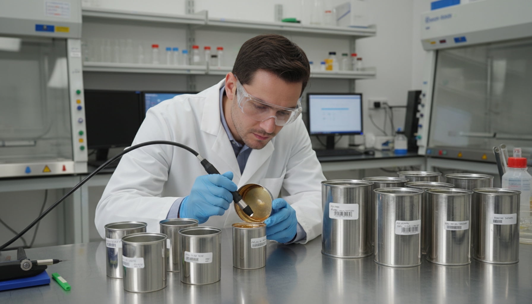 A lab technician inspecting cans after an accelerated aging test