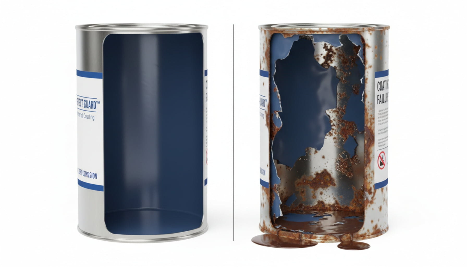 An intact internally coated metal can next to a corroded and leaking can