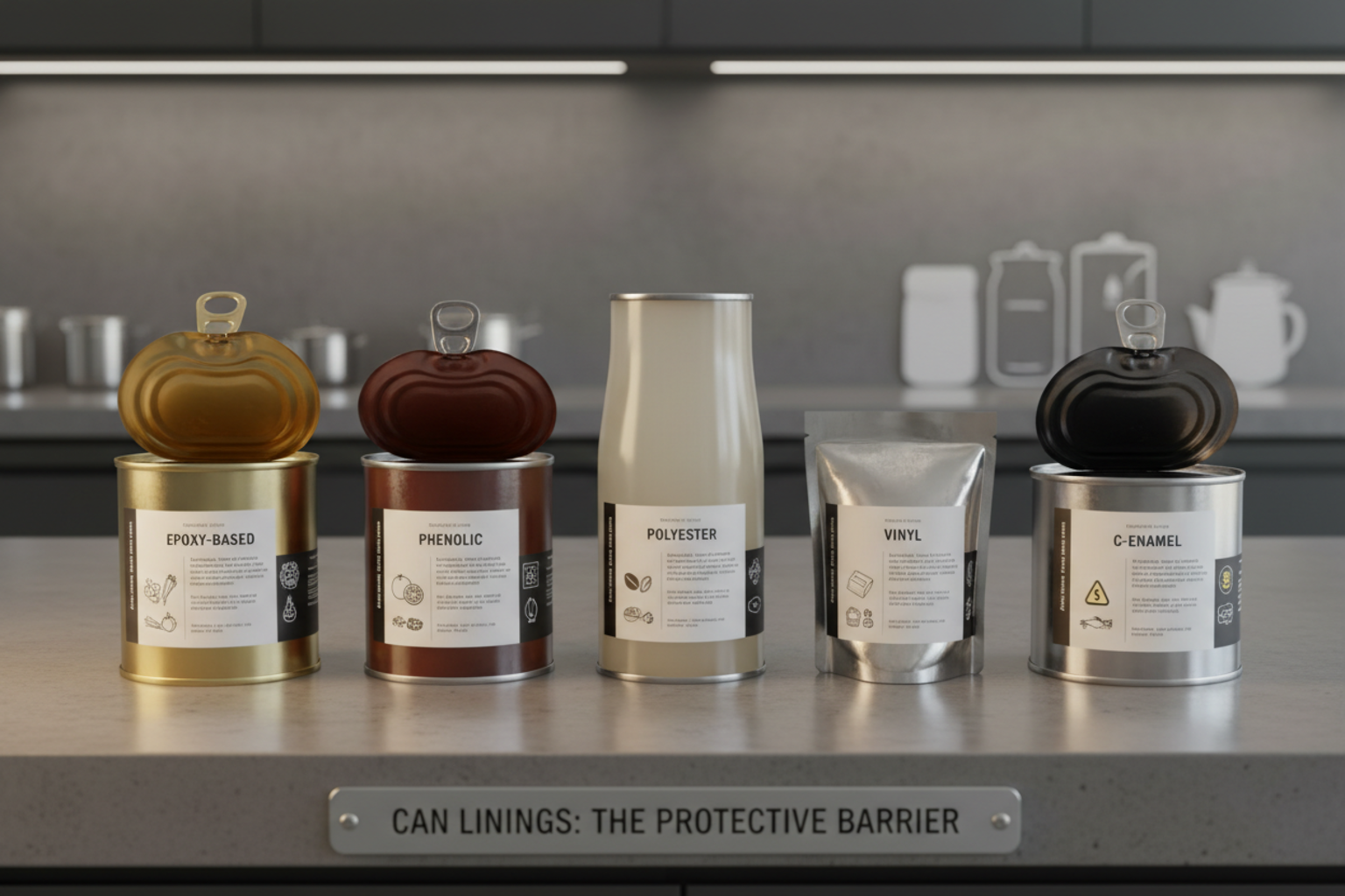 Different types of tinplate food cans lined up