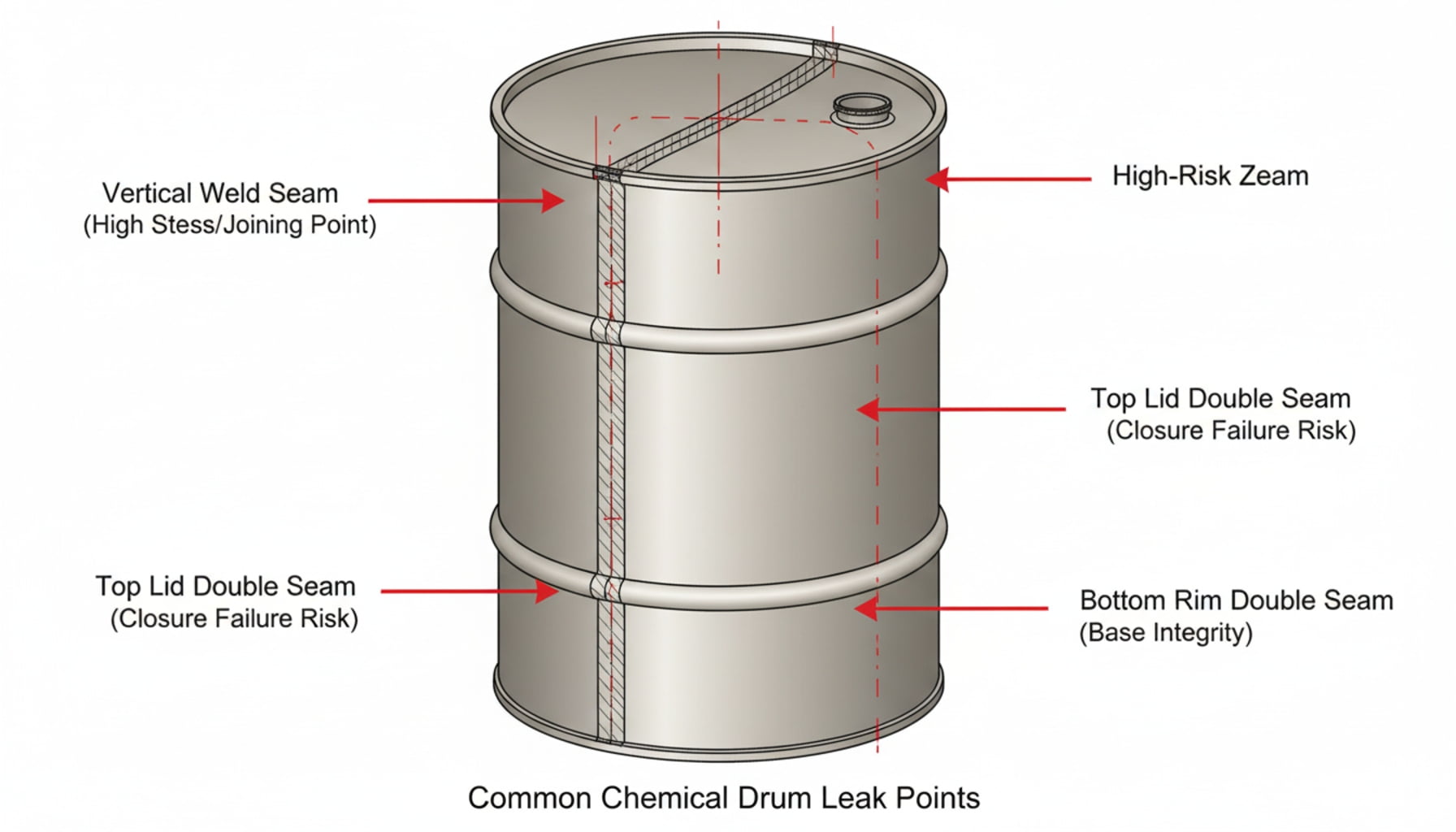 Diagram of a chemical tin can showing common leak points
