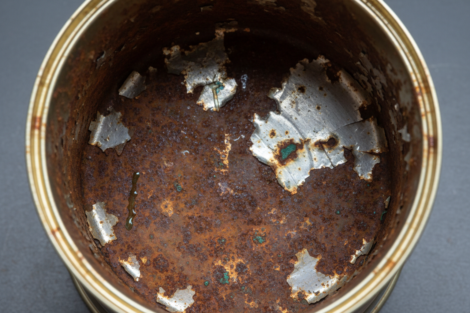 A close-up view of a flawless internal coating inside a metal can