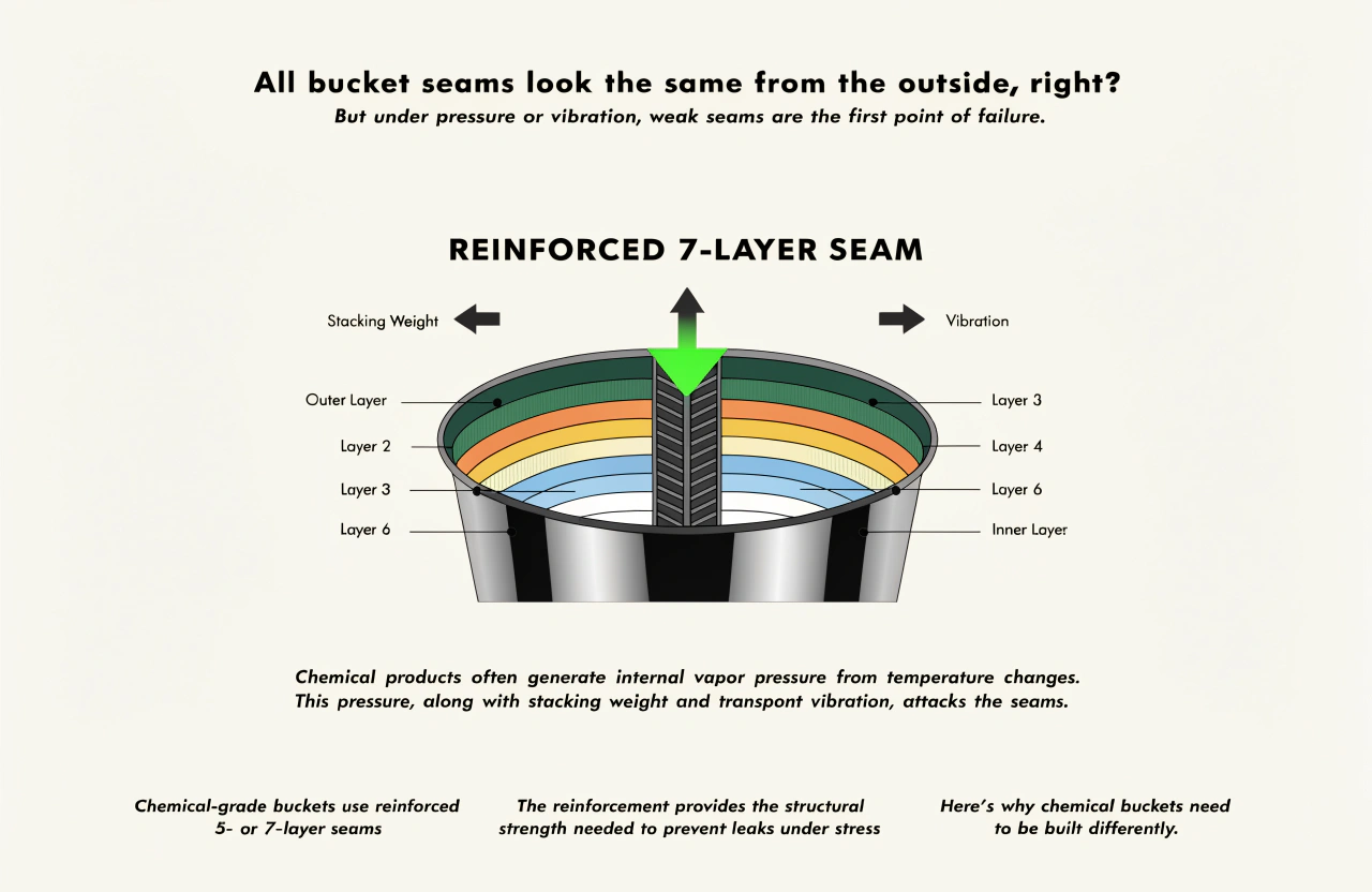 A cross-section of a reinforced 7-layer bucket seam