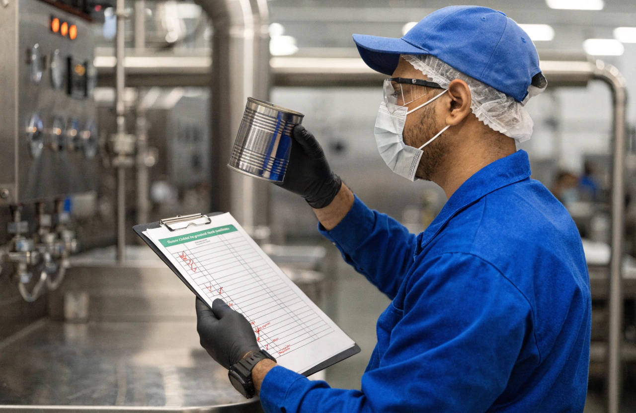 A quality control expert inspecting a metal can with a checklist
