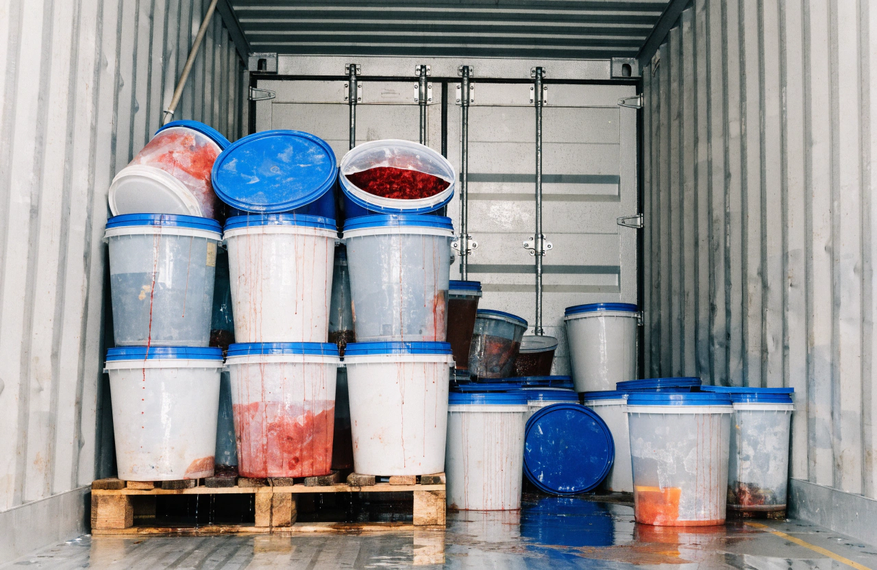 A pallet of swollen and leaking food buckets in a shipping container