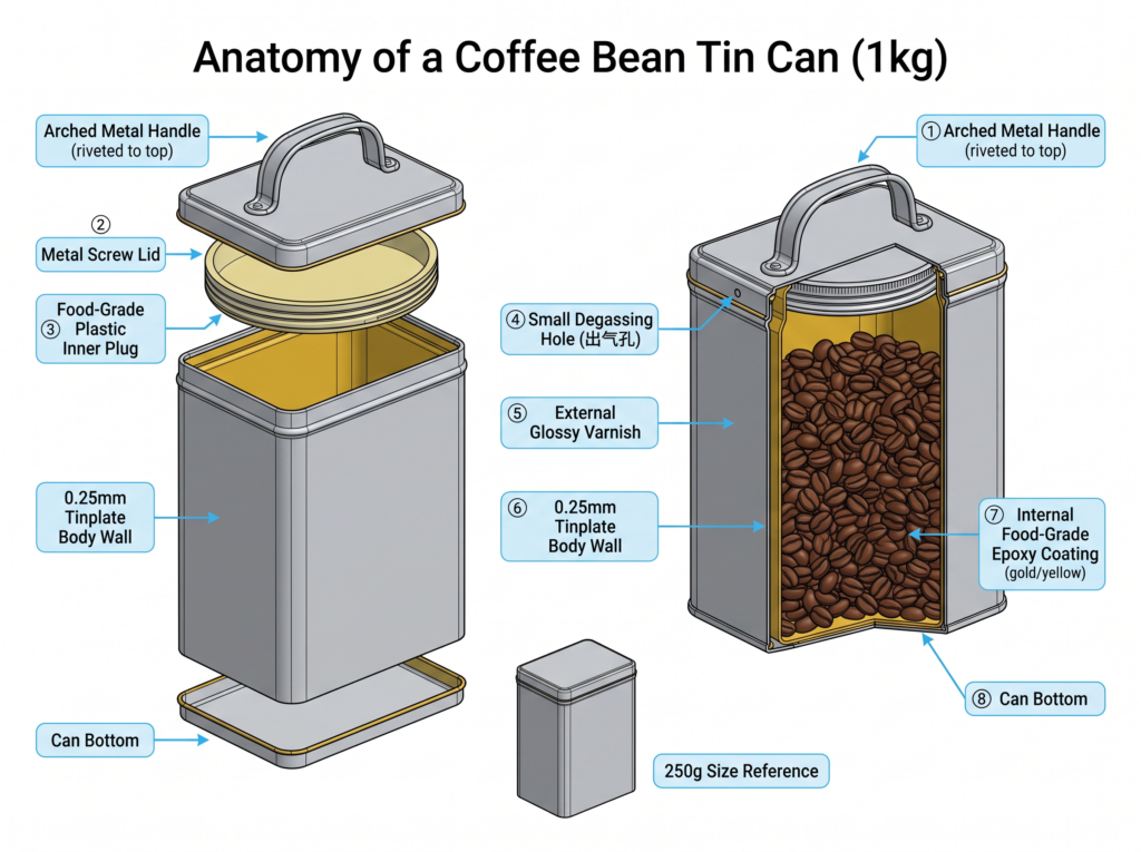 Technical exploded view and cutaway diagram of a 1kg F-Style RECTANGULAR coffee bean tin can. Both the 1kg main can and the 250g size reference are rectangular F-Style. The arched metal handle is in the center of the lid. The screw lid (metal threaded cap) is on the right side of the handle. The small degassing hole (出气孔) is on the LEFT side of the handle, opposite from the screw lid. Annotations: arched metal handle, metal screw lid, food-grade plastic inner plug, small degassing hole on left side of handle, external glossy varnish, 0.25mm tinplate body wall, food-grade epoxy coating inside, can bottom. Roasted coffee beans visible inside the cutaway view.