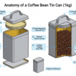 Technical exploded view and cutaway diagram of a 1kg F-Style RECTANGULAR coffee bean tin can. Both the 1kg main can and the 250g size reference are rectangular F-Style. The arched metal handle is in the center of the lid. The screw lid (metal threaded cap) is on the right side of the handle. The small degassing hole (出气孔) is on the LEFT side of the handle, opposite from the screw lid. Annotations: arched metal handle, metal screw lid, food-grade plastic inner plug, small degassing hole on left side of handle, external glossy varnish, 0.25mm tinplate body wall, food-grade epoxy coating inside, can bottom. Roasted coffee beans visible inside the cutaway view.