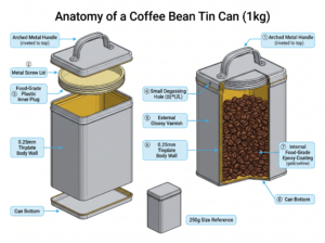 Technical exploded view and cutaway diagram of a 1kg F-Style RECTANGULAR coffee bean tin can. Both the 1kg main can and the 250g size reference are rectangular F-Style. The arched metal handle is in the center of the lid. The screw lid (metal threaded cap) is on the right side of the handle. The small degassing hole (出气孔) is on the LEFT side of the handle, opposite from the screw lid. Annotations: arched metal handle, metal screw lid, food-grade plastic inner plug, small degassing hole on left side of handle, external glossy varnish, 0.25mm tinplate body wall, food-grade epoxy coating inside, can bottom. Roasted coffee beans visible inside the cutaway view.
