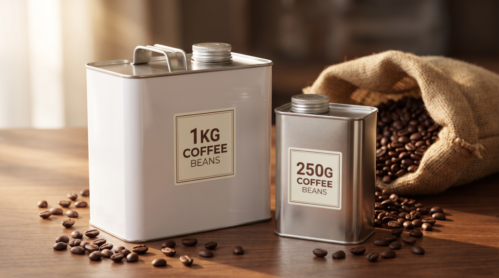Two F-Style rectangular tinplate coffee bean cans: 1kg white can with metal lever lid on the left, 250g silver can with lever lid on the right, both with threaded top opening for one-way degassing valve, displayed on a warm wood surface with coffee beans and burlap sack