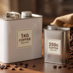 Two F-Style rectangular tinplate coffee bean cans: 1kg white can with metal lever lid on the left, 250g silver can with lever lid on the right, both with threaded top opening for one-way degassing valve, displayed on a warm wood surface with coffee beans and burlap sack