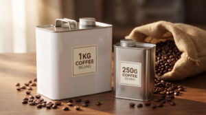 Two F-Style rectangular tinplate coffee bean cans: 1kg white can with metal lever lid on the left, 250g silver can with lever lid on the right, both with threaded top opening for one-way degassing valve, displayed on a warm wood surface with coffee beans and burlap sack