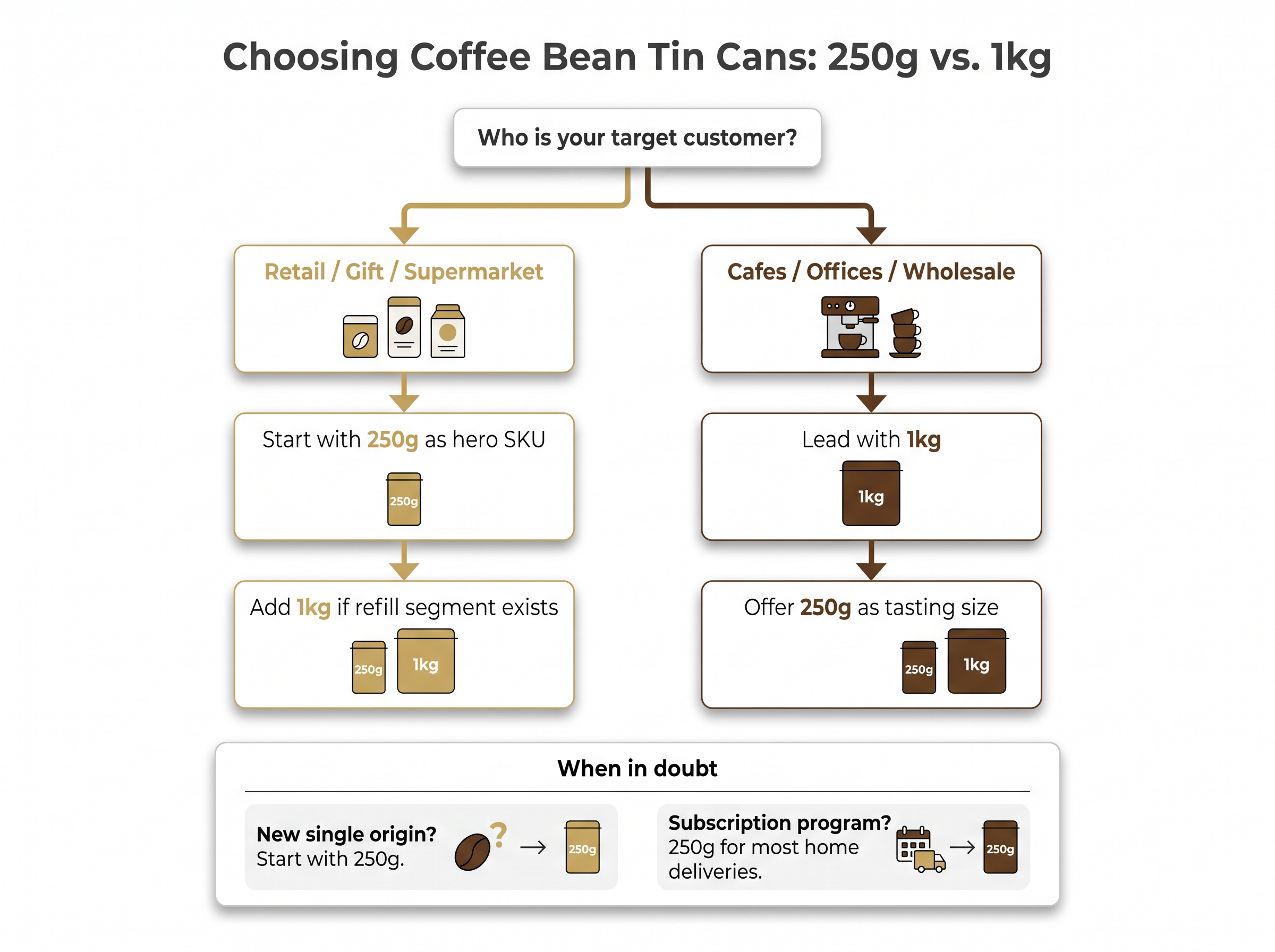 Decision tree: 250g vs 1kg coffee tin can for specialty roasters