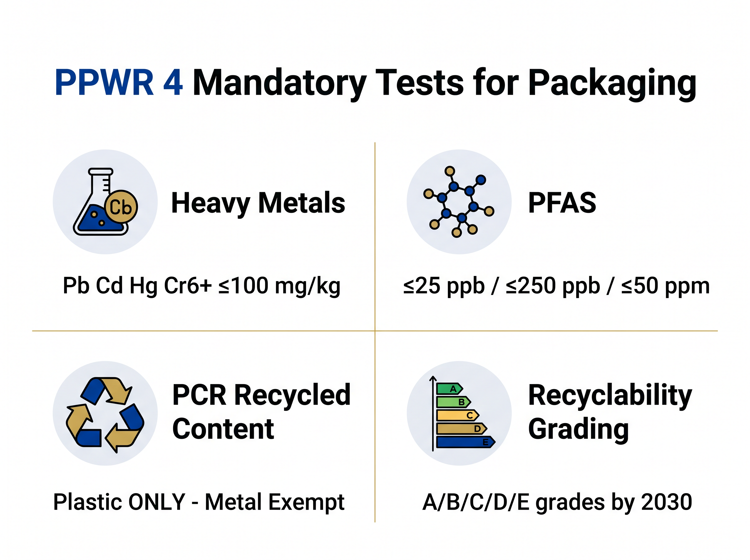 PPWR 4 mandatory tests for packaging infographic