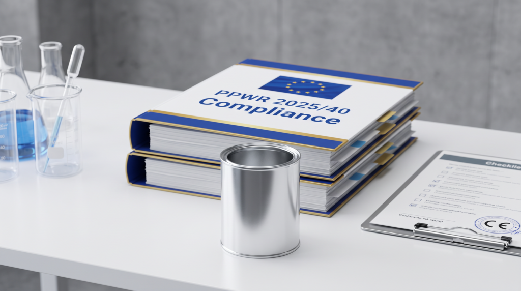 EU regulatory document with metal packaging can showing PPWR 2025/40 compliance requirements