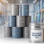 Steel paint pails and industrial containers in warehouse setting with subtle price chart overlay for tinplate market forecast
