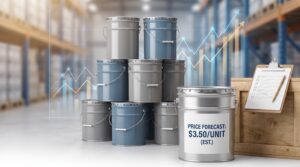 Steel paint pails and industrial containers in warehouse setting with subtle price chart overlay for tinplate market forecast