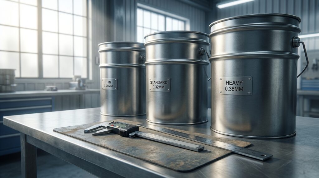 Three 5-gallon steel pails of different tinplate thicknesses (0.28mm, 0.32mm, 0.38mm) arranged on a factory inspection table with calipers