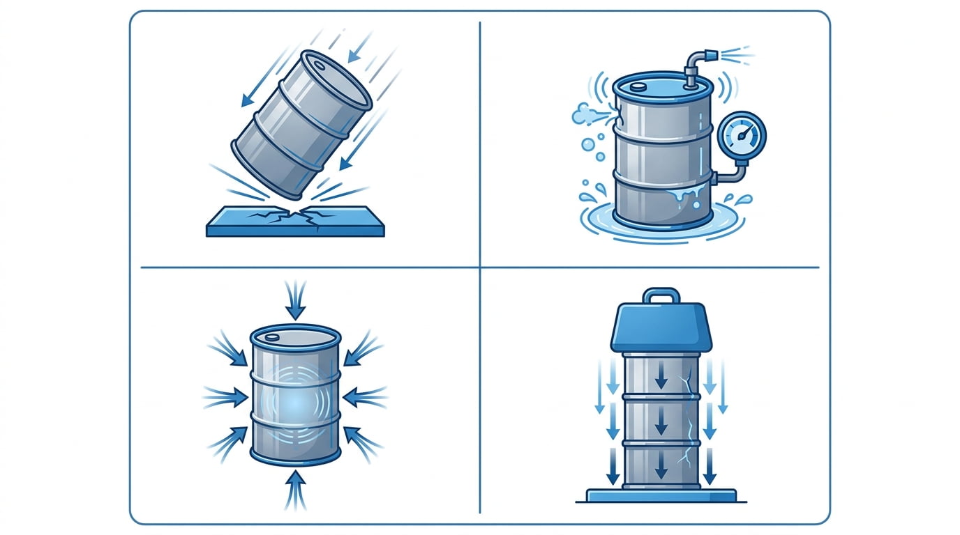 Four UN performance tests: drop, leak, hydrostatic, stacking